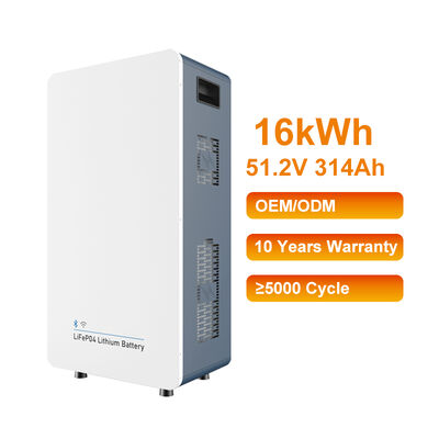 ชุดแบตเตอรี่ลิเธียม LiFePO4 51.2V 314Ah 16kWh ติดผนังแบบ All in One สำหรับเก็บพลังงานในบ้าน อายุการใช้งาน 6000+ รอบ